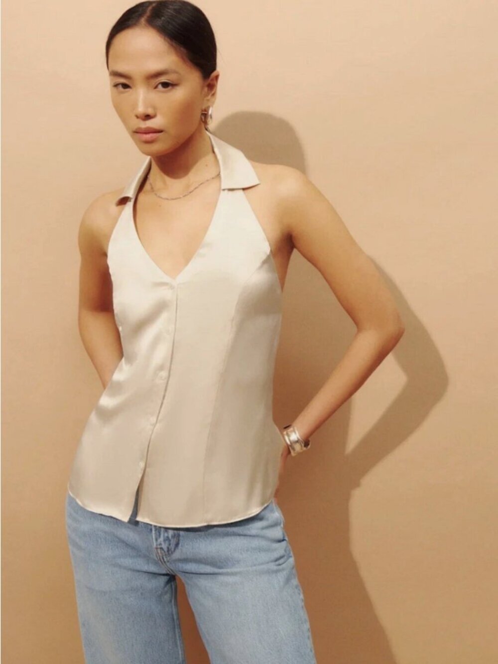 Reformation Erin Silk Top Womens 6 Halter Backless